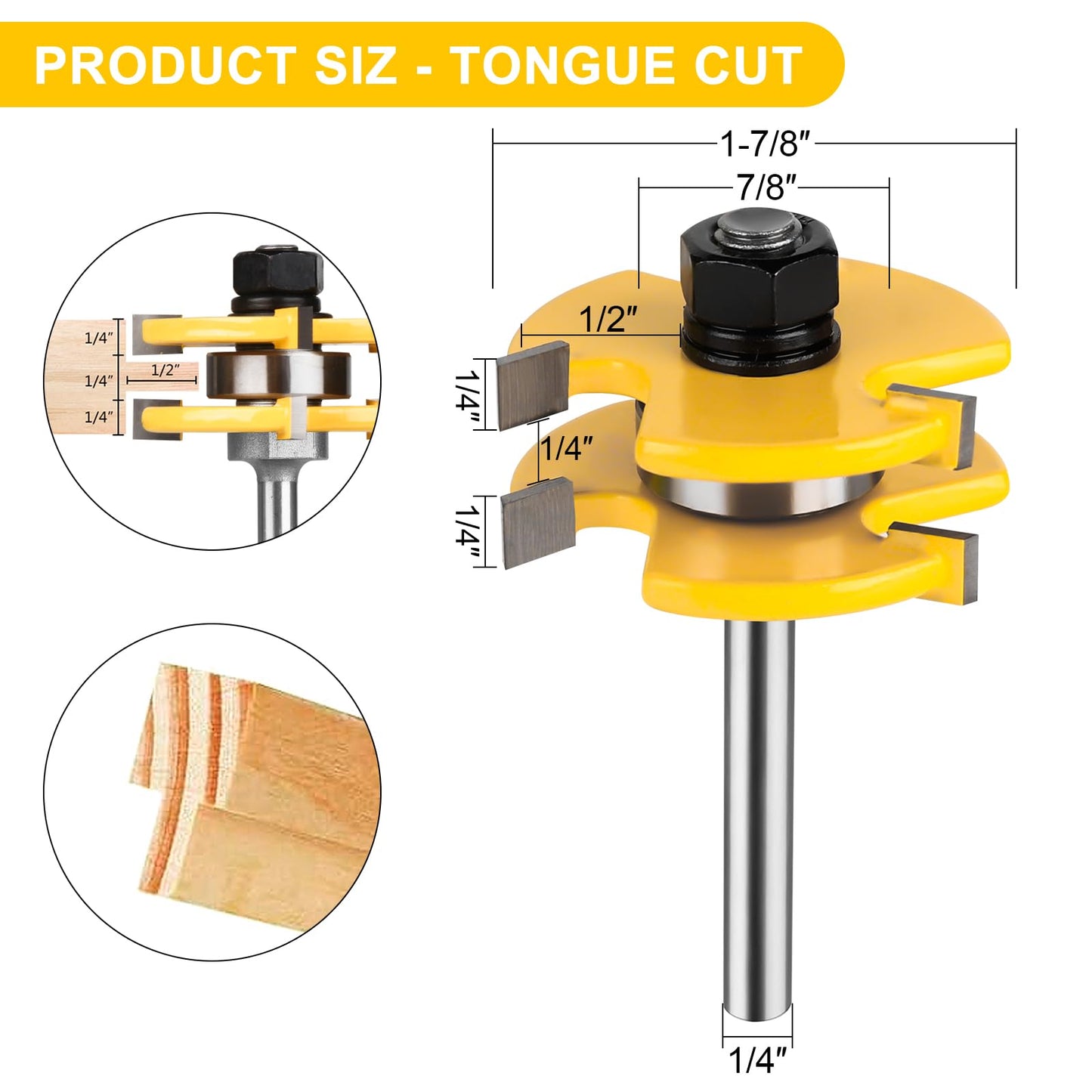 Tongue and Groove Router Bit Set 1/4 Inch Shank, UTRUSTTO 2 Pieces 1/4" Router Bits 3 Teeth Adjustable T Shape Wood Milling Cutter Woodworking Tool