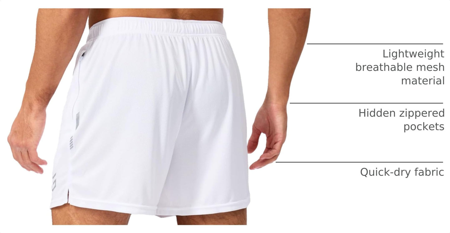 G Gradual Men's Gym Shorts 5"/7"/10" with Zipper Pockets Basketball Athletic Mesh Quick Dry Shorts for Workout Running Tennis (5 inch, White, Medium)