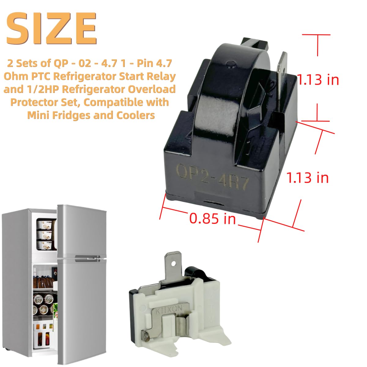 2 Sets of Compressor 4.7 Ohm 1-Pin PTC Starter/Start Relay and Overload Kit Compatible with Mini Fridges, Compact Refrigerators, Beverage & Wine/Beer Coolers, Deep Freezers, Beer/Wine Refrigerators