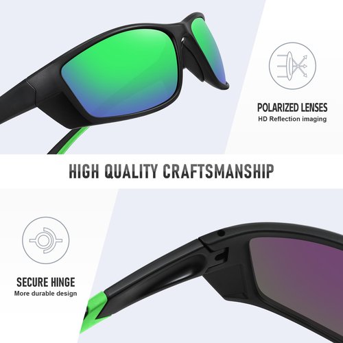 Ofwin Sports Polarized Sunglasses for Men Women UV Protective Driving Running Cycling Fishing Sun Glasses Matte Black Frame/Green Mirror Lens
