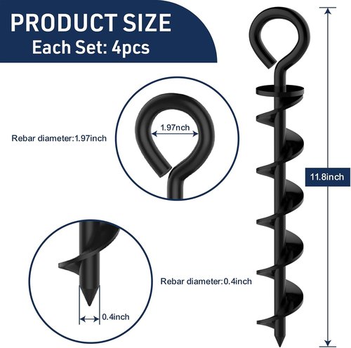 Eurmax USA Canopy Tent Stakes - Durable Corkscrew Shape Steel with Installation Tool & 4 Wind Ropes | Set of 4 (Black)