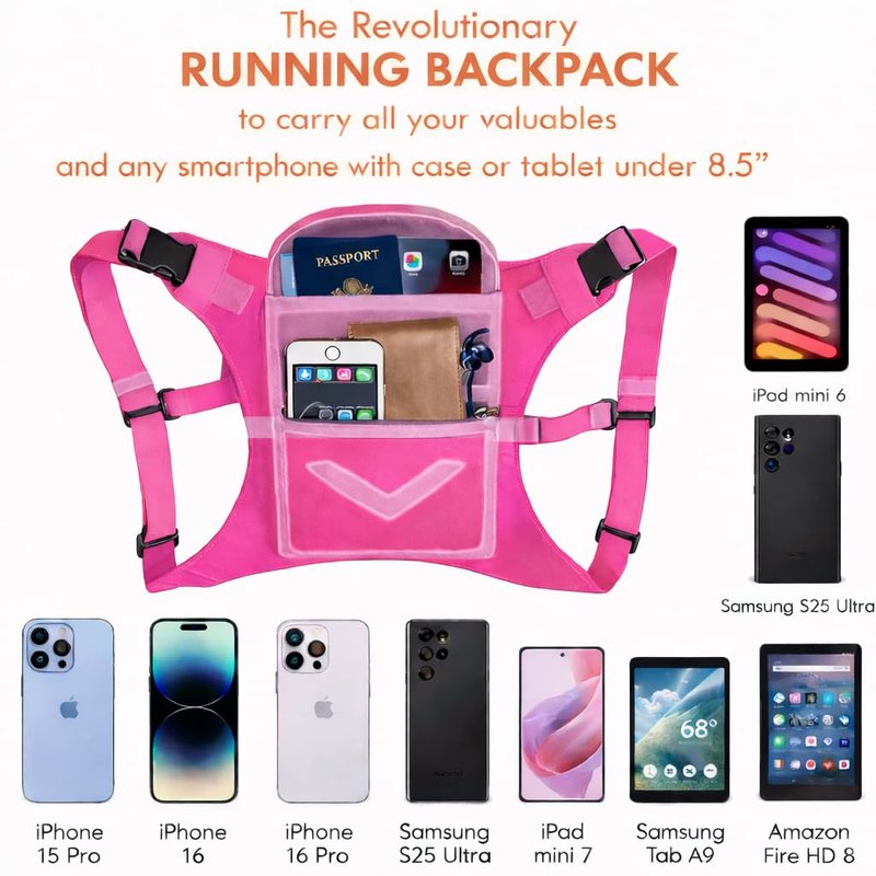 Pink Running Mini Backpack Vest for Men & Women – Reflective with 360° Hi-Viz, Holds Accessories, iPhone, Android, iPad Mini – Lightweight, Adjustable Gear for Fitness, Walking, Cycling, Hiking