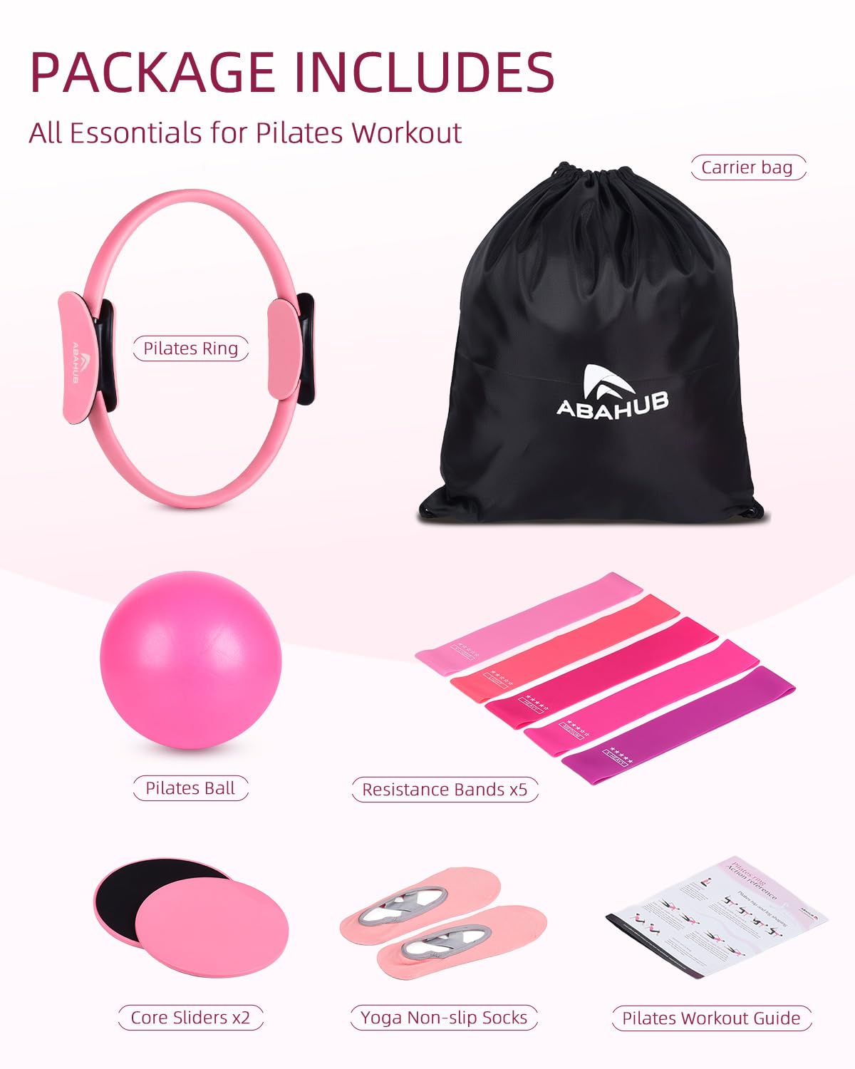 Abahub Pilates Ring Set, Home Workout Pilates Equipment, 14”Magic Circle, Yoga Ball, Resistance Bands, Sliding Disks, Socks, Workout Guide & Bag, Pilates Starter Kit for Strength, Pink Set