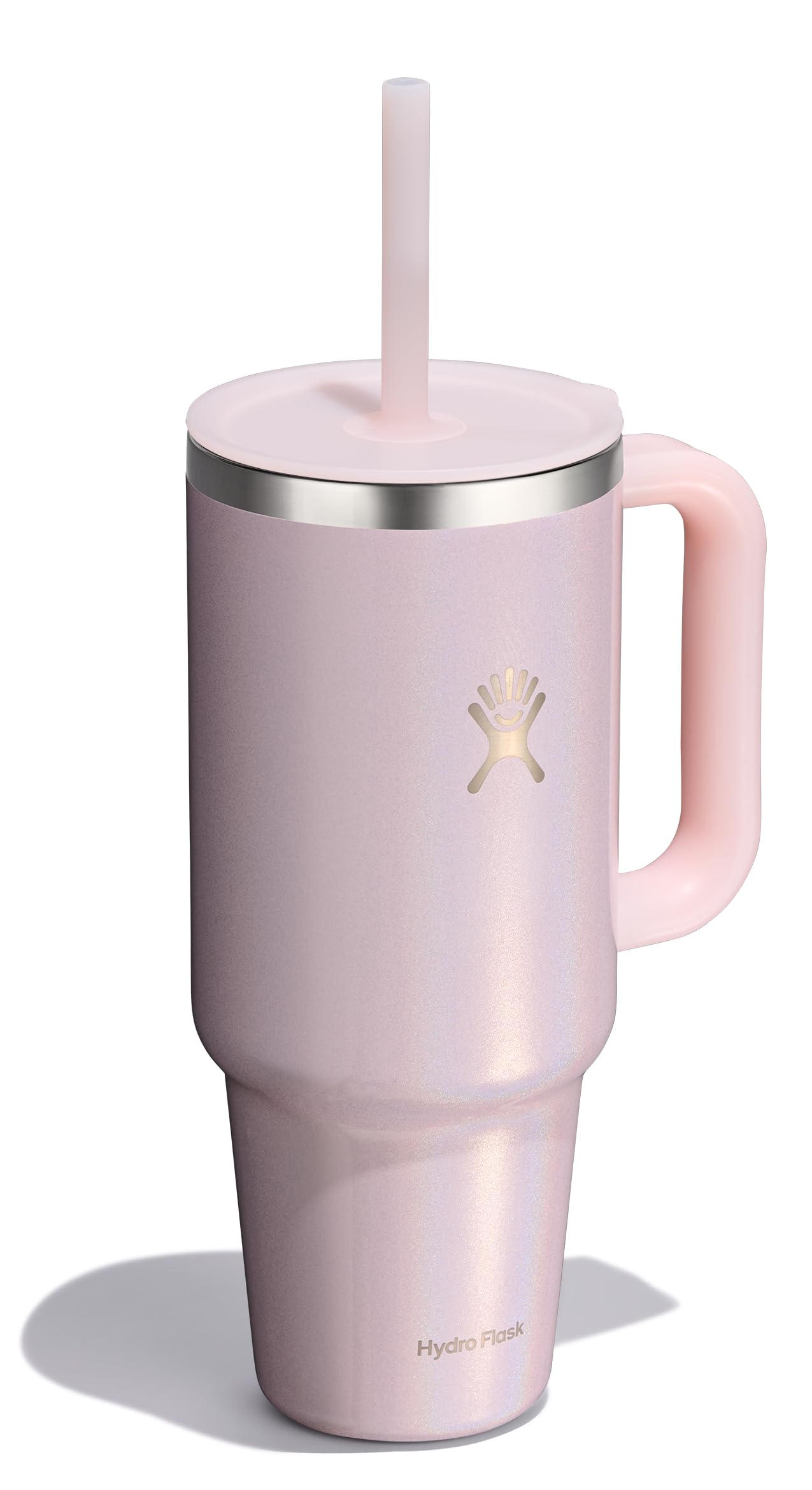 Hydro Flask Travel Tumbler with Handle, Lid and Straw - Insulated Stainless Steel in 40 Oz Glimmer Pink