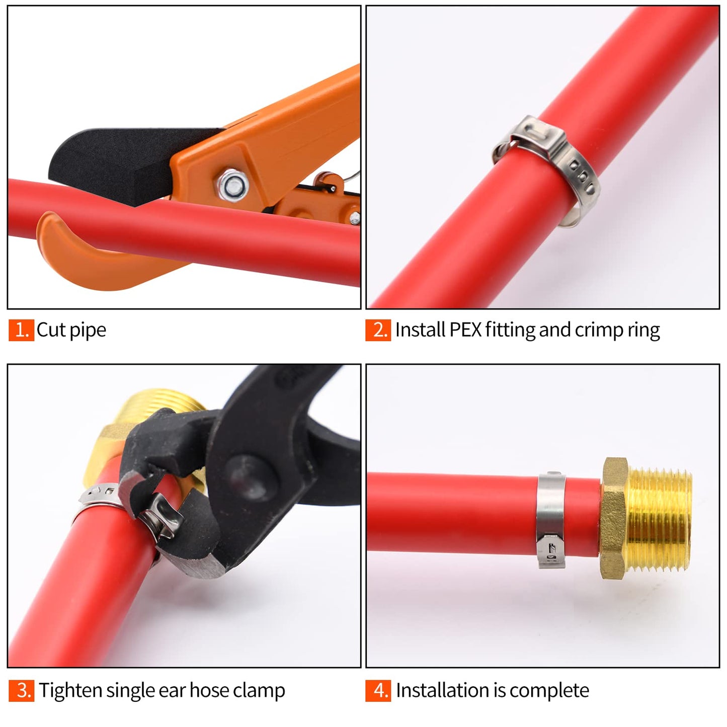 50 Pack 1/2 Inch PEX Cinch Clamps, Stainless Steel Single Ear Hose Clamps, for PEX Pipe