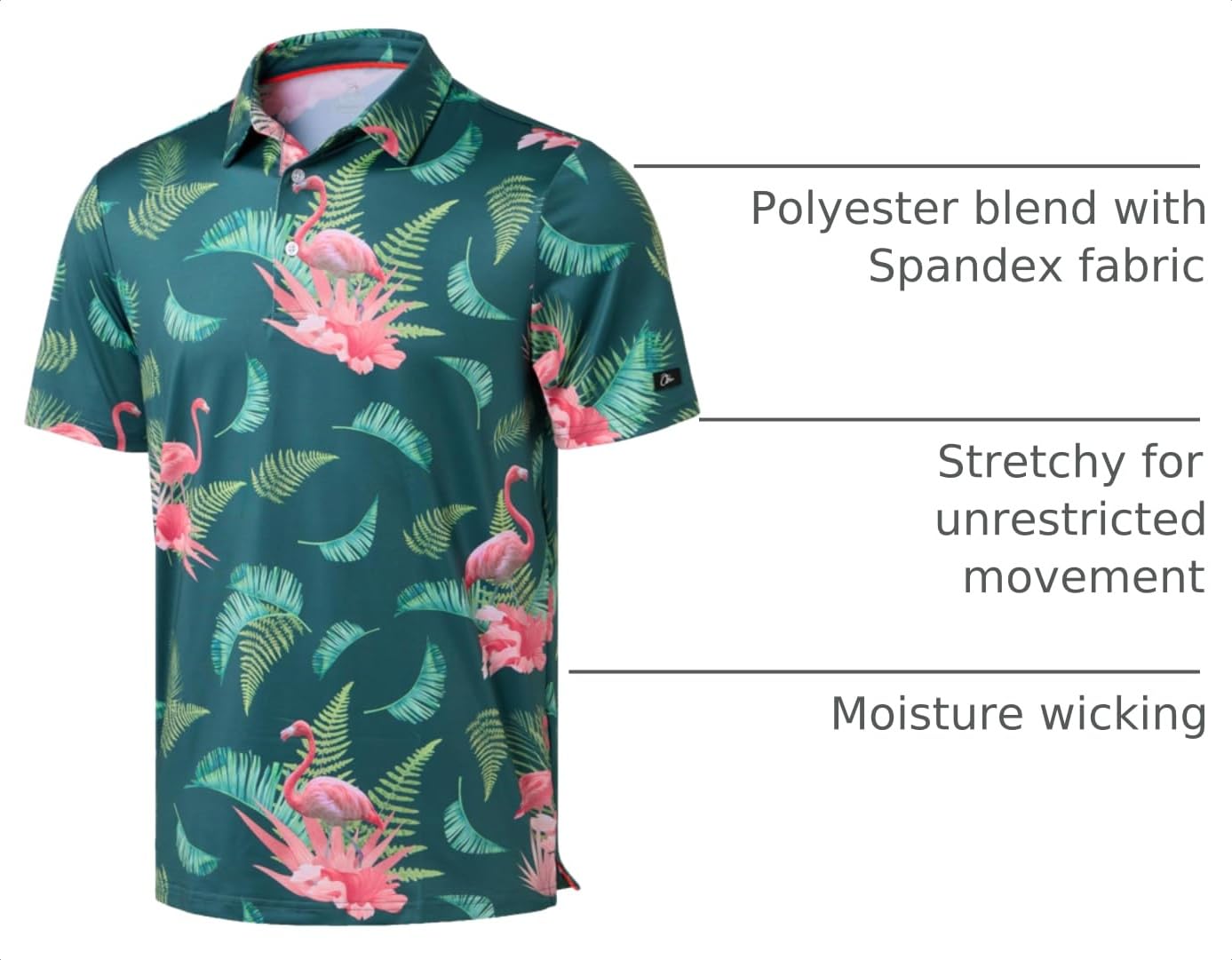 Obla Men's Print Golf Polo Shirts (Green Flamingo_L)