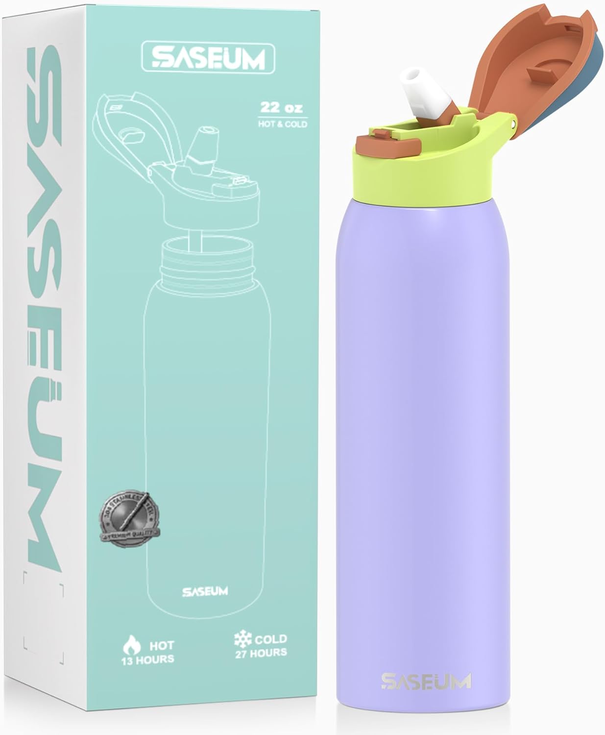 Saseum Stainless Steel Water Bottle - 24 oz Vacuum Insulated with Straw & One-Click Open Design | BPA-Free for School, Sports & Travel