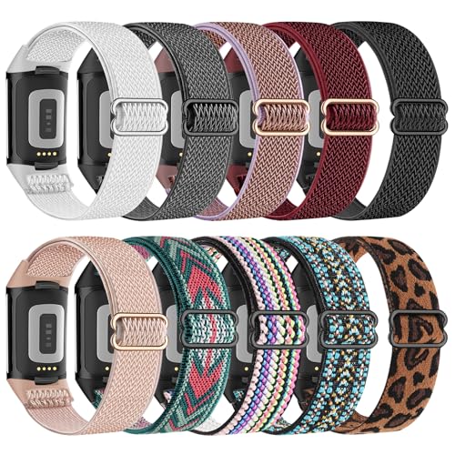 Oanux 10 Pack Stretchy Nylon Fitbit Charge 6 & 5 Bands for Women & Men - Elastic Sport Wristbands, Variation: charge5-10pB