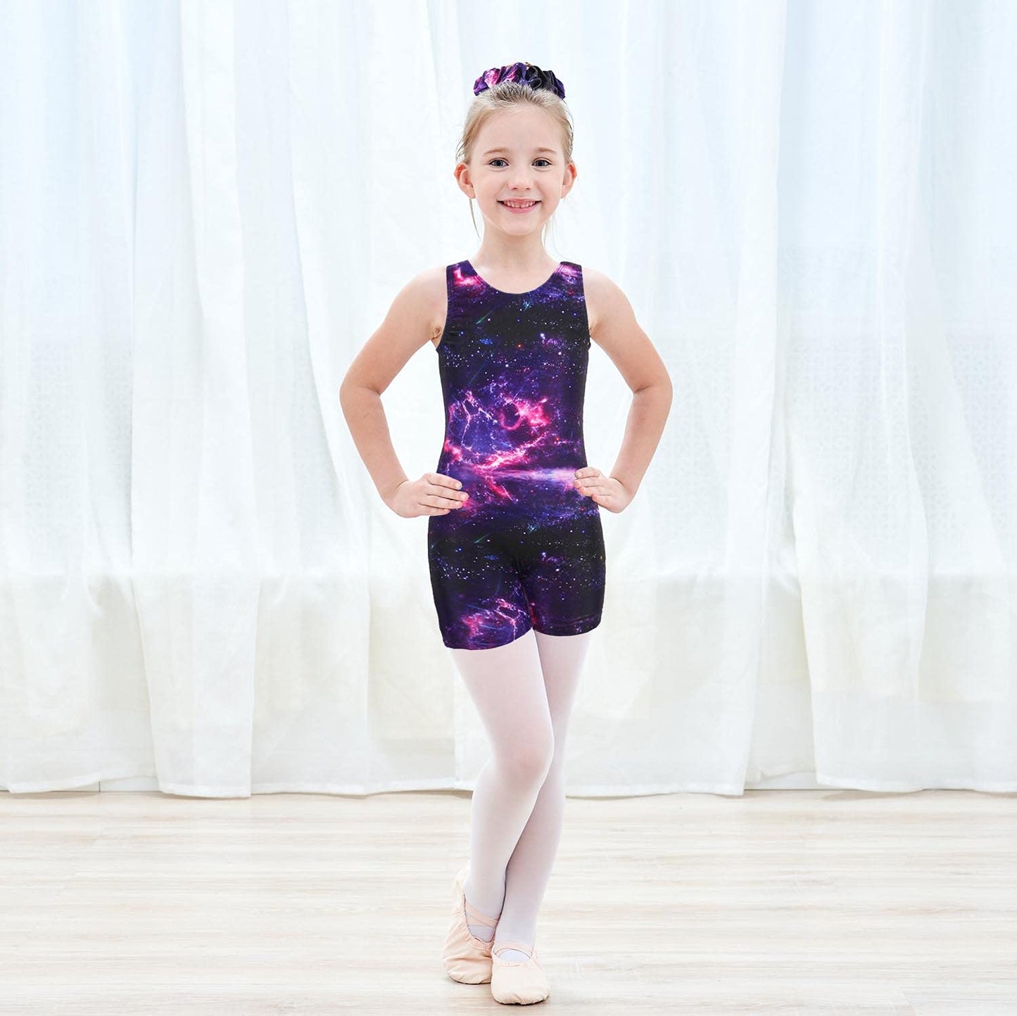 JESKIDS Leotards for Girls Gymnastics with Shorts Dance Biketards Tumbling Matching Hair Scrunchie Purple 8-9 Years