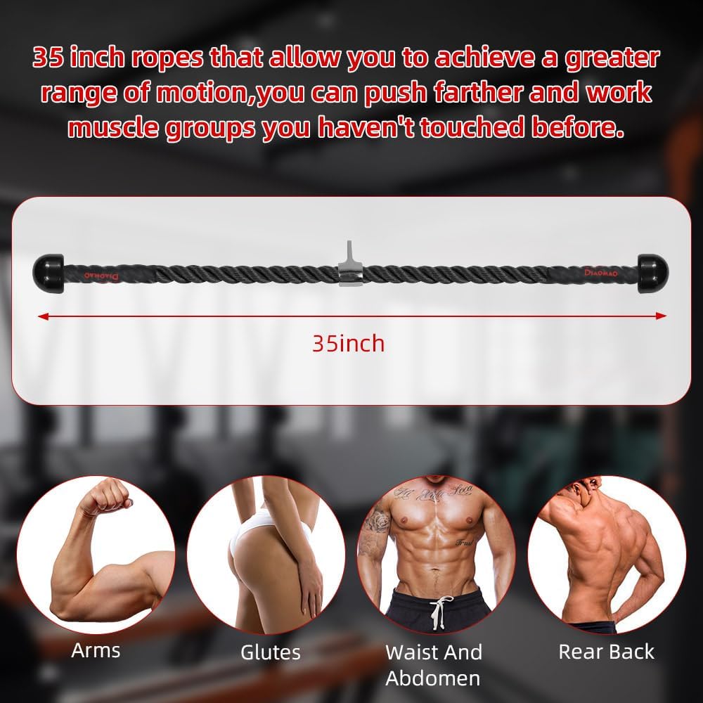 Tricep Rope - 35 Inch Cable Machine Attachment with Upgraded Rubber Handles | Non-Slip Grip for Greater Range of Motion
