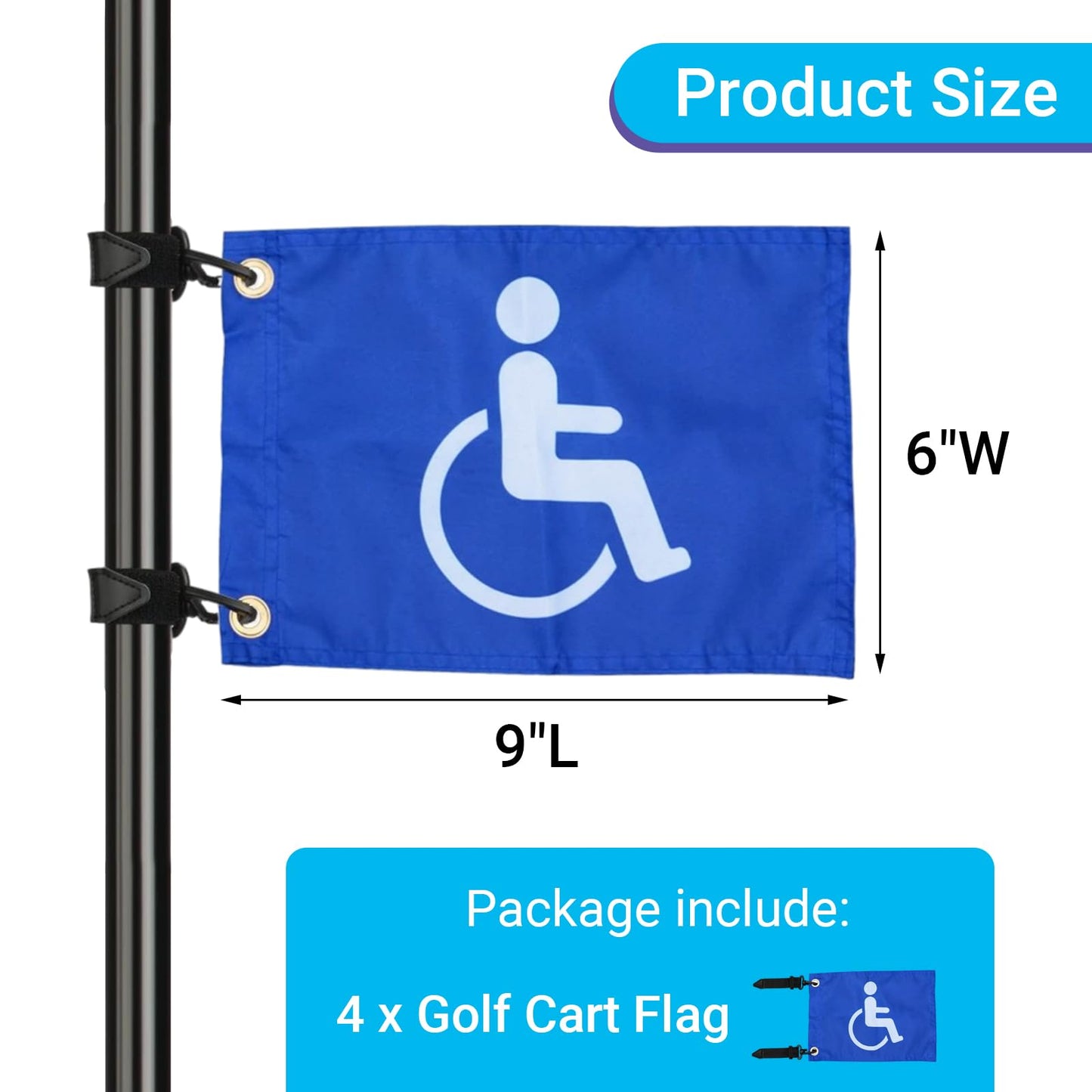Disable Handicap Flag for Golf Cart, Boat, Bike - Blue Safety Golf Flag with Elastic Strap Bracket, 9"L x 6"W (4)
