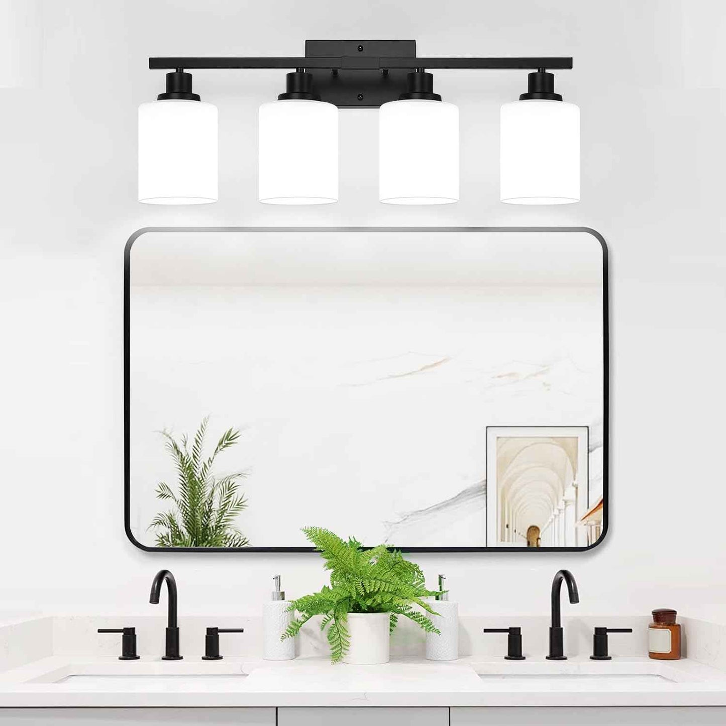 MOKATNG 4-Light Bathroom Light Fixtures, Vanity Light with Milky White Shades, Matte Black Bathroom Light Fixtures Over Mirror, Modern Bathroom Wall Lamp for Mirror Living Room Cabinet Bedroom
