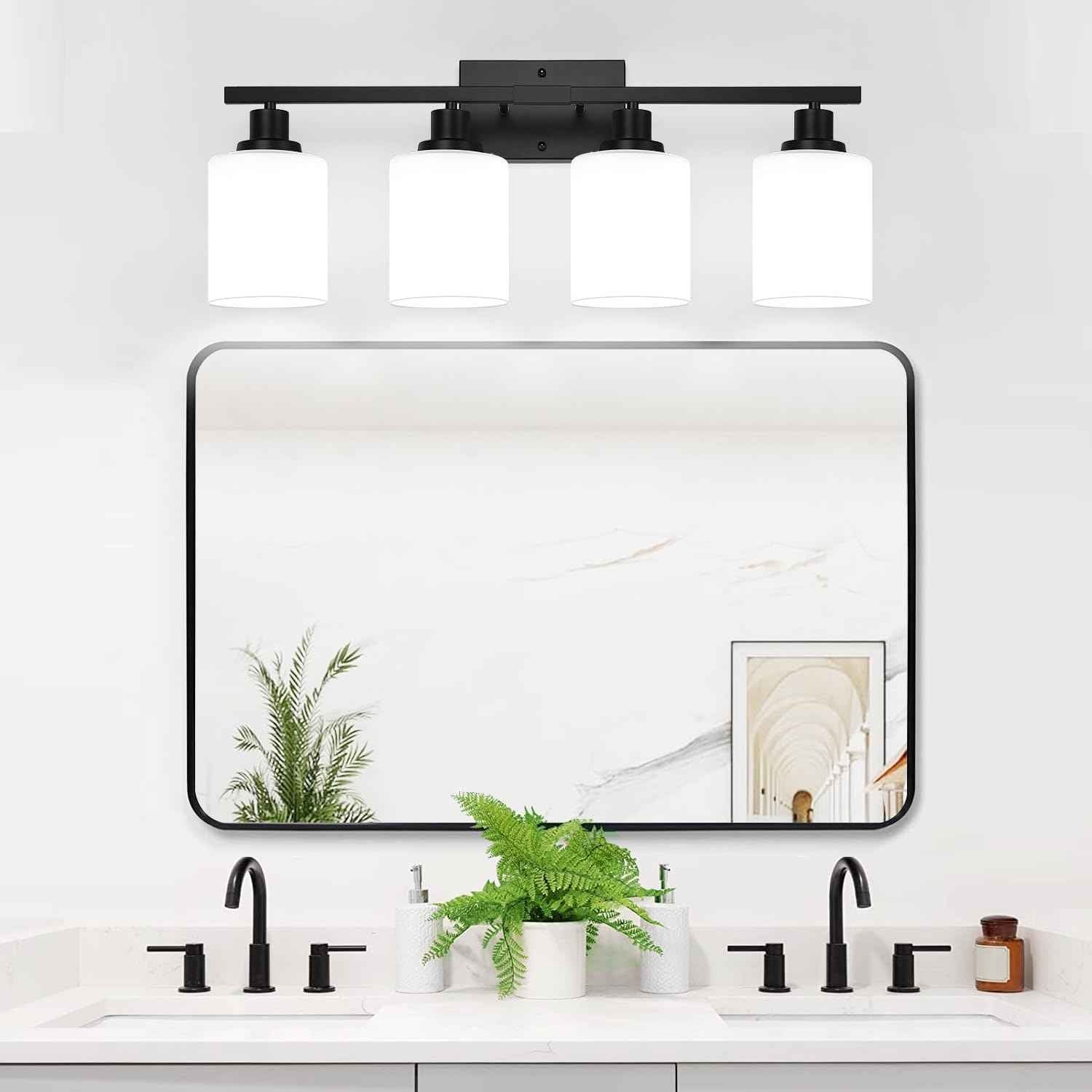 MOKATNG 4-Light Bathroom Light Fixtures, Vanity Light with Milky White Shades, Matte Black Bathroom Light Fixtures Over Mirror, Modern Bathroom Wall Lamp for Mirror Living Room Cabinet Bedroom