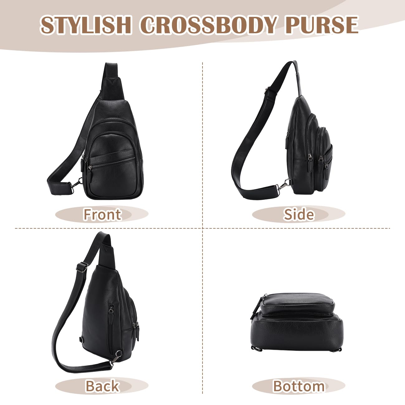 RAVUO Sling Bag, PU Leather Crossbody Backpack for Women Men Casual Hiking Daypack Multipurpose Chest Bag for Work College Black