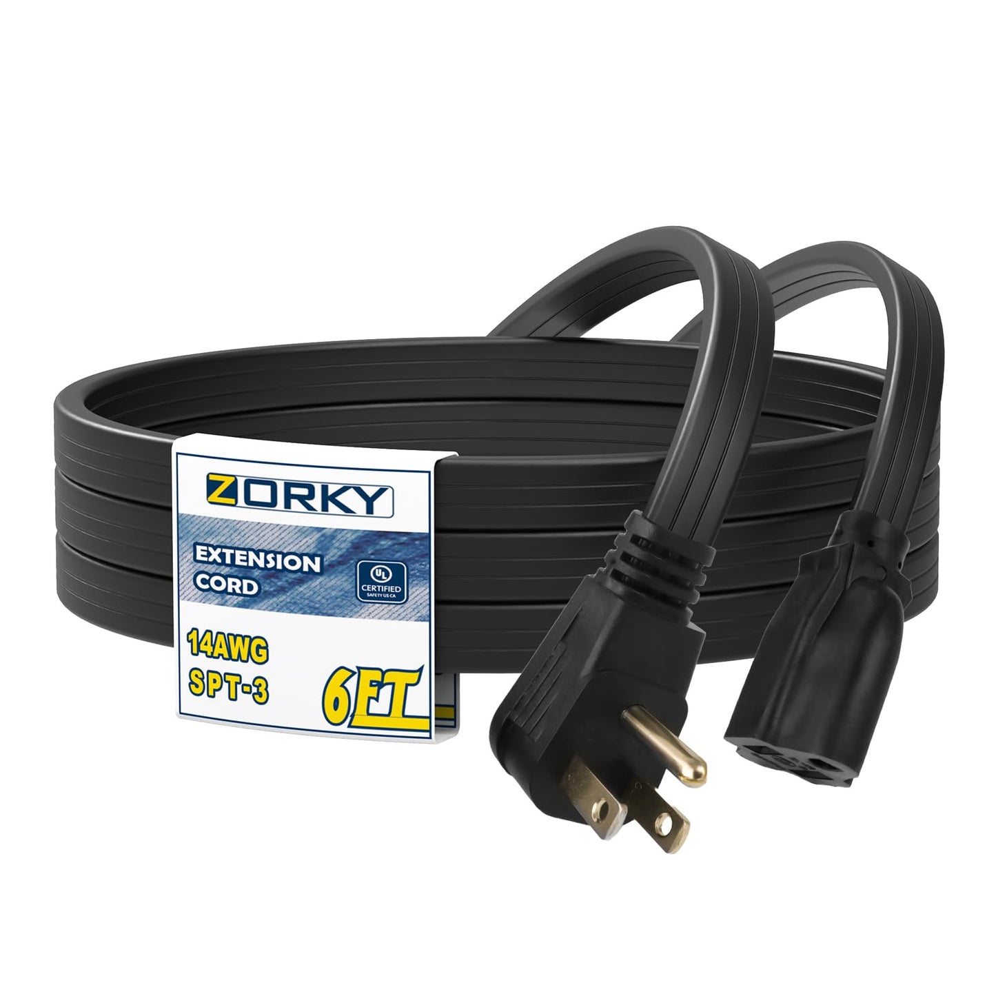 Zorky 6 ft Flat Plug Black Extension Cord，14/3 SPT-3 Heavy Duty Appliance Extension Cord-Extension Cable with 3 Prong Grounded Plug for Safety - for Appliance,Refrigerator, Space Heater