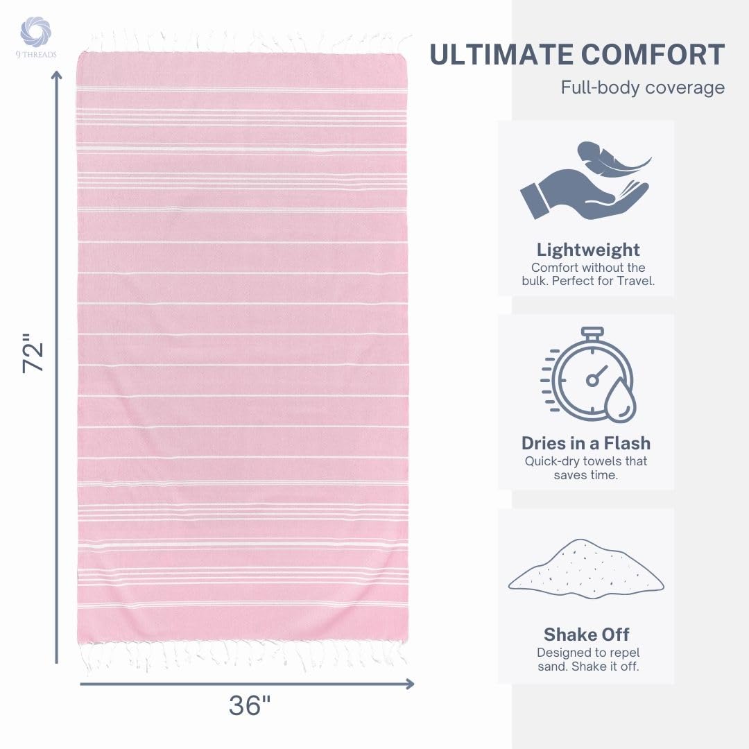 9Threads Cotton Turkish Beach Towel with Towels Oversized 36"x72" Pool Absorbent Extra Large Quick Dry Sand Travel Towel (Peony Plush, 2 Pack)
