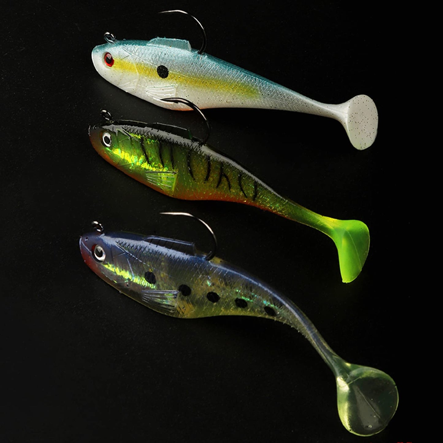 DMSHARK Pre-Rigged Jig Head Paddle Tail Fishing Lures Swim Shad 3PCS 4" 1oz Soft Plastic Swimbait for Freshwater and Saltwater (Pearl RED Eye)