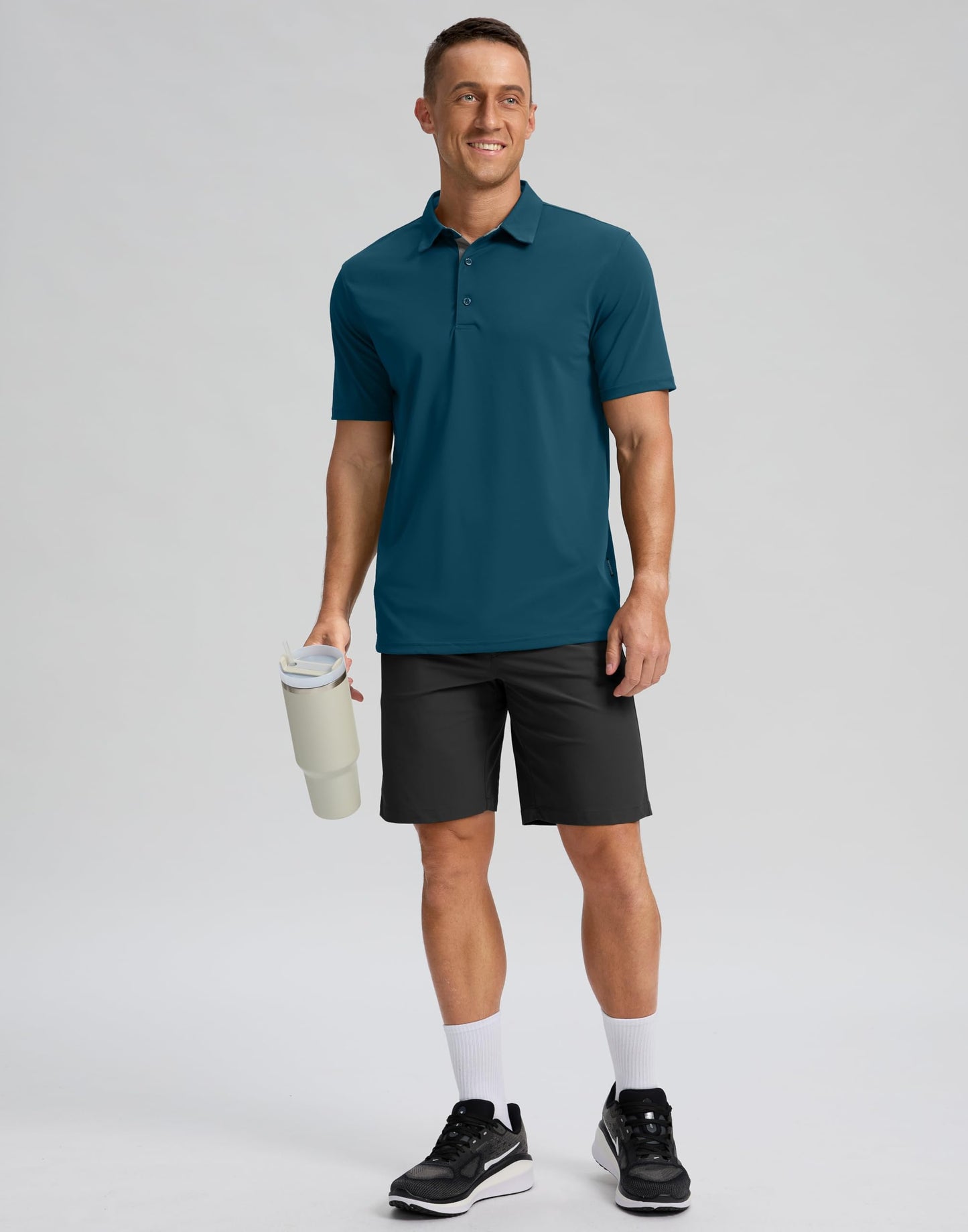 Men's Golf Shirts Dry Fit Moisture Wicking Performance Short Sleeve Collared Polo Shirts for Casual Tennis Bussiness (Reflecting Pond, L)