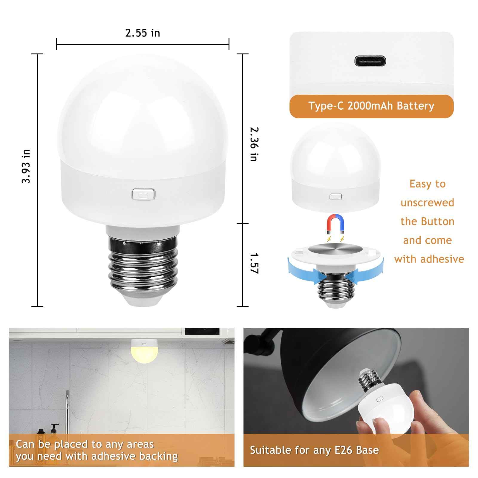 Aokpsrt E26 Rechargeable Light Bulbs with Remote Control, 15 Colors & 2000mAh LED Battery Operated Bulb with Timer & Dimmable, Wireless Puck Lights Bulb for Home 3 Packs