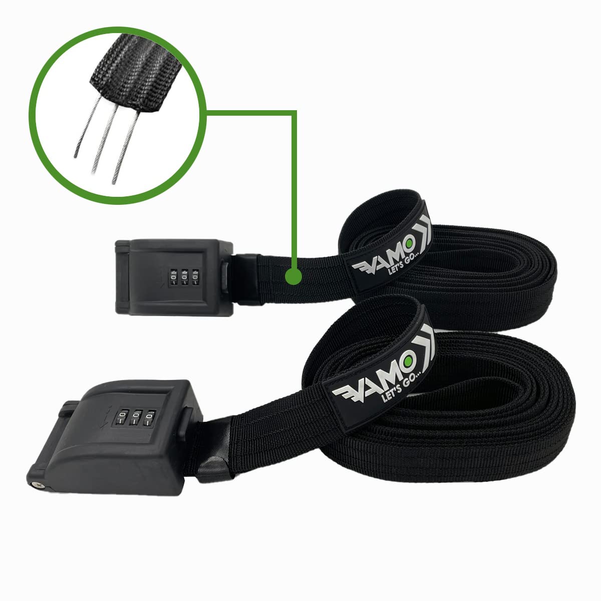 Vamo Premium Combination Locking Tie Downs with 3 Stainless Steel Cables 'No Scratch' Silicone Buckle Surf or SUP Tie Down Straps for Surfboards, Paddle Boards, Kayaks and Canoes (Two Pack) (14')