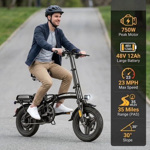 HLOIE Folding Electric Bike - 750W Motor, 23MPH Max Speed | 14" Ebike with 48V 12AH Battery, 35 Miles Range