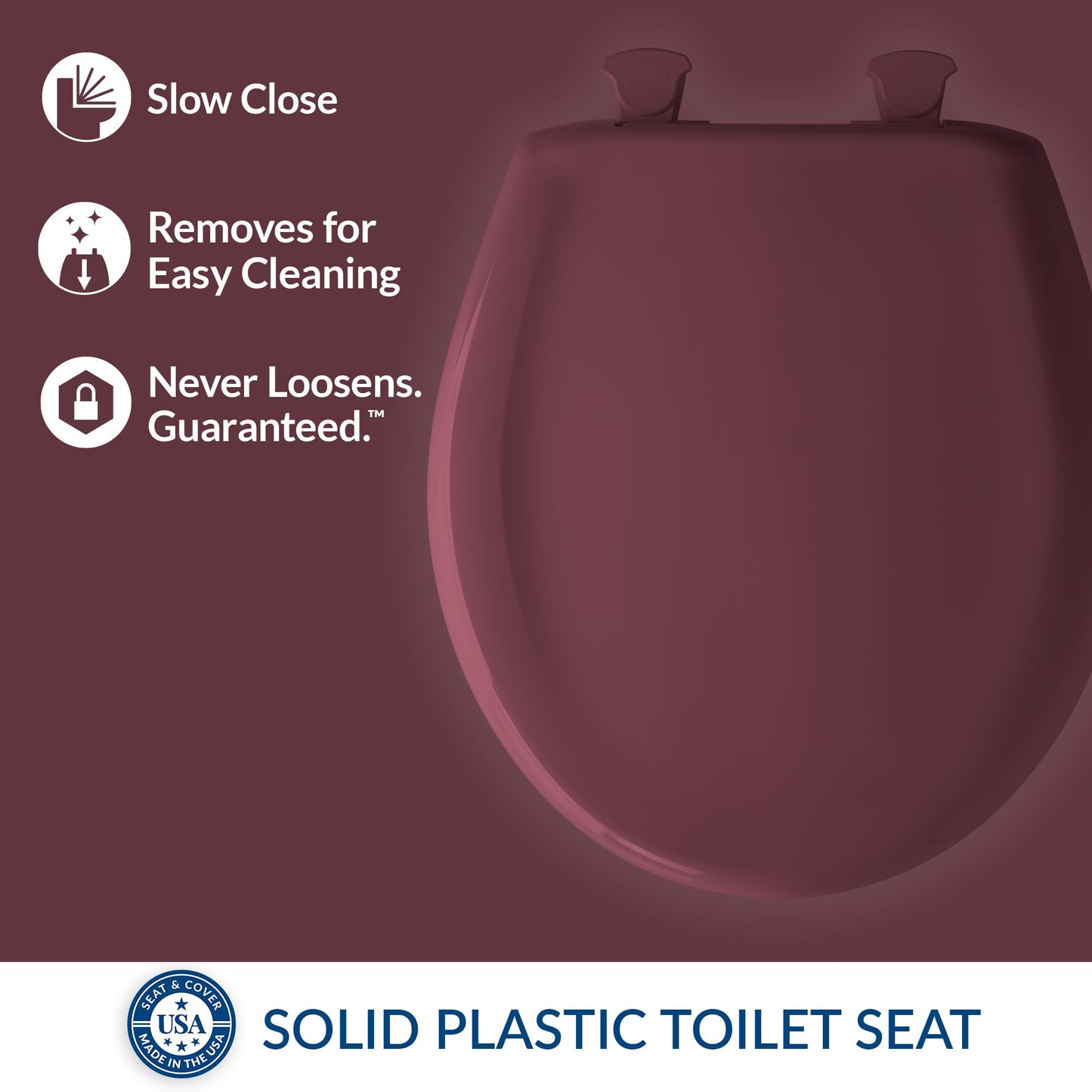 Bemis Classic Colors Slow Close Toilet Seat, Easy Clean Hinges and Durable Plastic Seat, Made in USA, Round, Loganberry