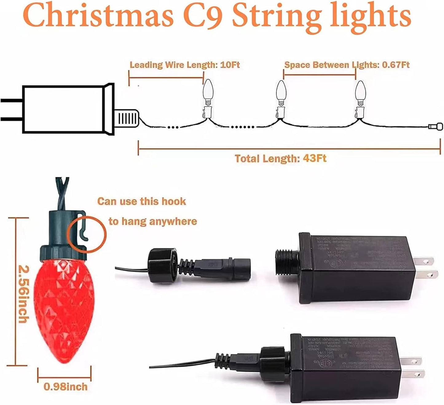 100 LED C9 Halloween String Lights - 66FT Waterproof Twinkle Lights with 8 Modes & Timer for Indoor/Outdoor Decor (Orange, Purple, Green) - 2-Pack