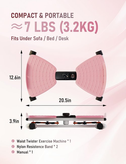 KOVAFLEX Waist Twister Machine with Smart Digital Counter and Resistance Bands 300 Lbs Capacity, Noiseless Ab Twister Board for Home Exercise, Fitness Equipment Ideal for Women to Burn Belly Fat and Tone Body(Pink)