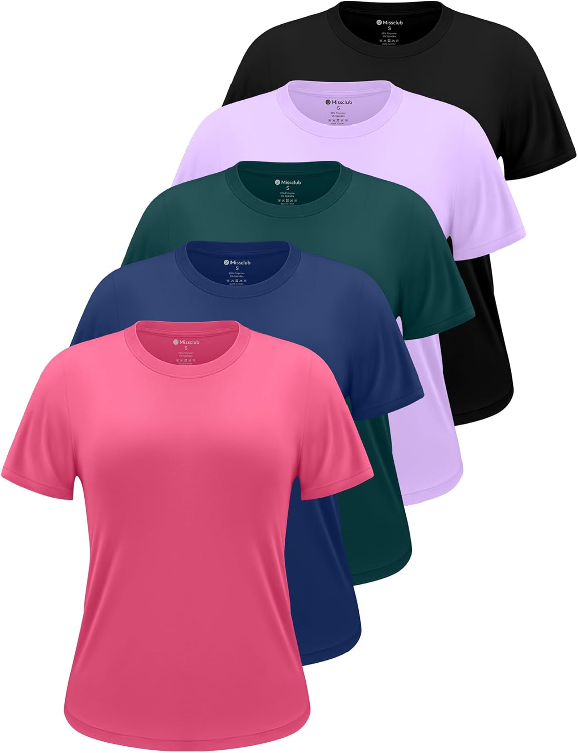 Skiennix Workout Tops for Women - Crew Neck Dry Fit Athletic T-Shirts | 5 Pack for Gym & Yoga Fitness
