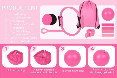 Pilates Kit for Women – Complete Pilates Equipment Set with Ring, Yoga Ball, Resistance Bands & Socks | 14 Pcs Pilates Kit for Toning & Flexibility | at Home Pilates Sets for Women (Pink)