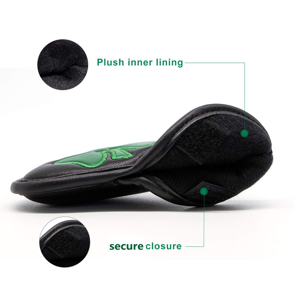 Golf Iron Covers Headcovers Club Head Cover, 4 Leaf Clover Synthetic Leather Made for Oversized Standard Small Size Pack of 10 (Black)