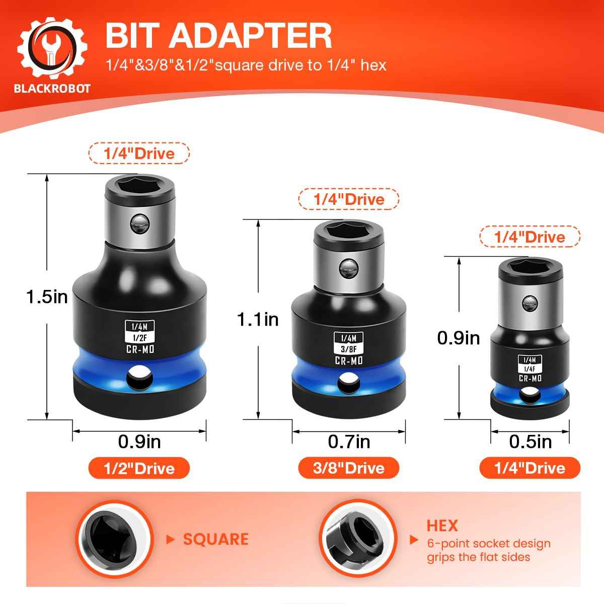 BLACKROBOT 6PCS Impact Bit Holders 1/2 3/8 1/4 Inch Square Drive to 1/4 Inch Hex Socket Adapter for Impact Wrench Ratchet, Cr-Mo