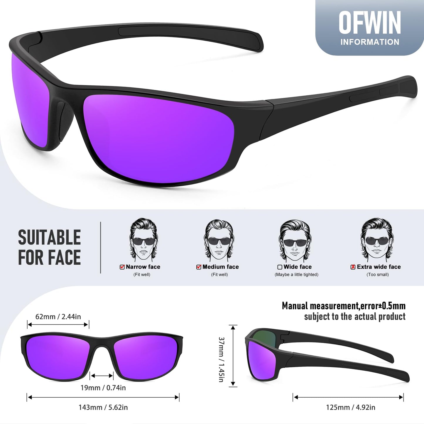 Ofwin Sports Polarized Sunglasses for Men Women Wrap Around Sun Glasses Fishing Cycling Driving Running UV Protection Clear Frame/Blue Mirror Lens