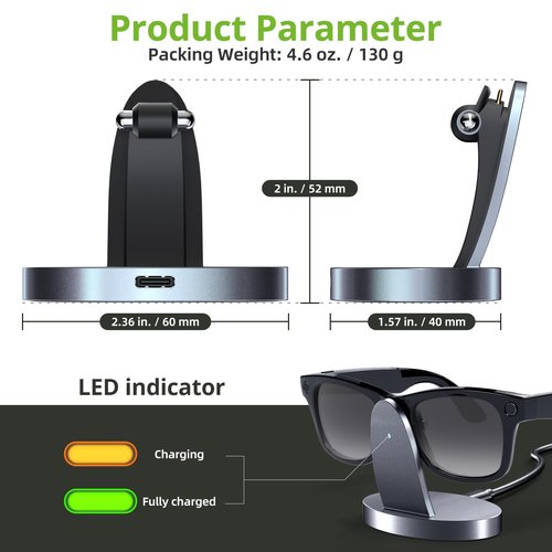 Charging Dock Compatible with Ray-Ban Meta Smart Glasses, Portable Charging Stand Work for Way-farer/Skyler/Headliner Models, LED Indicator, Pin Contact Fast Safe Charging, Space Gray