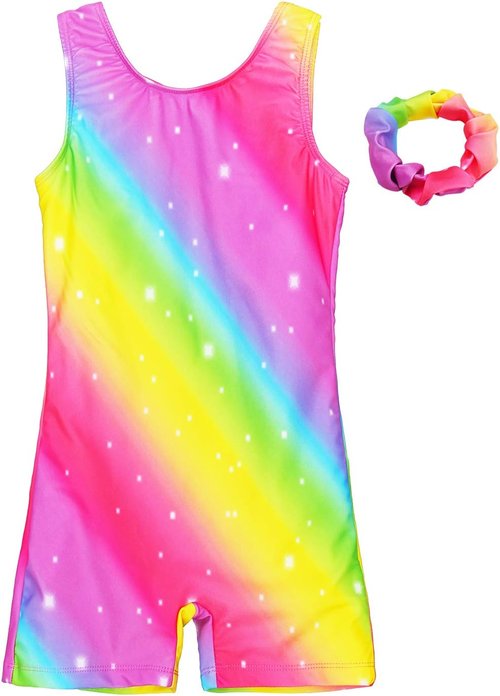 JESKIDS Girls' Gymnastics Leotards - Stylish Dance Biketards with Shorts & Matching Hair Scrunchie | Ages 3-15