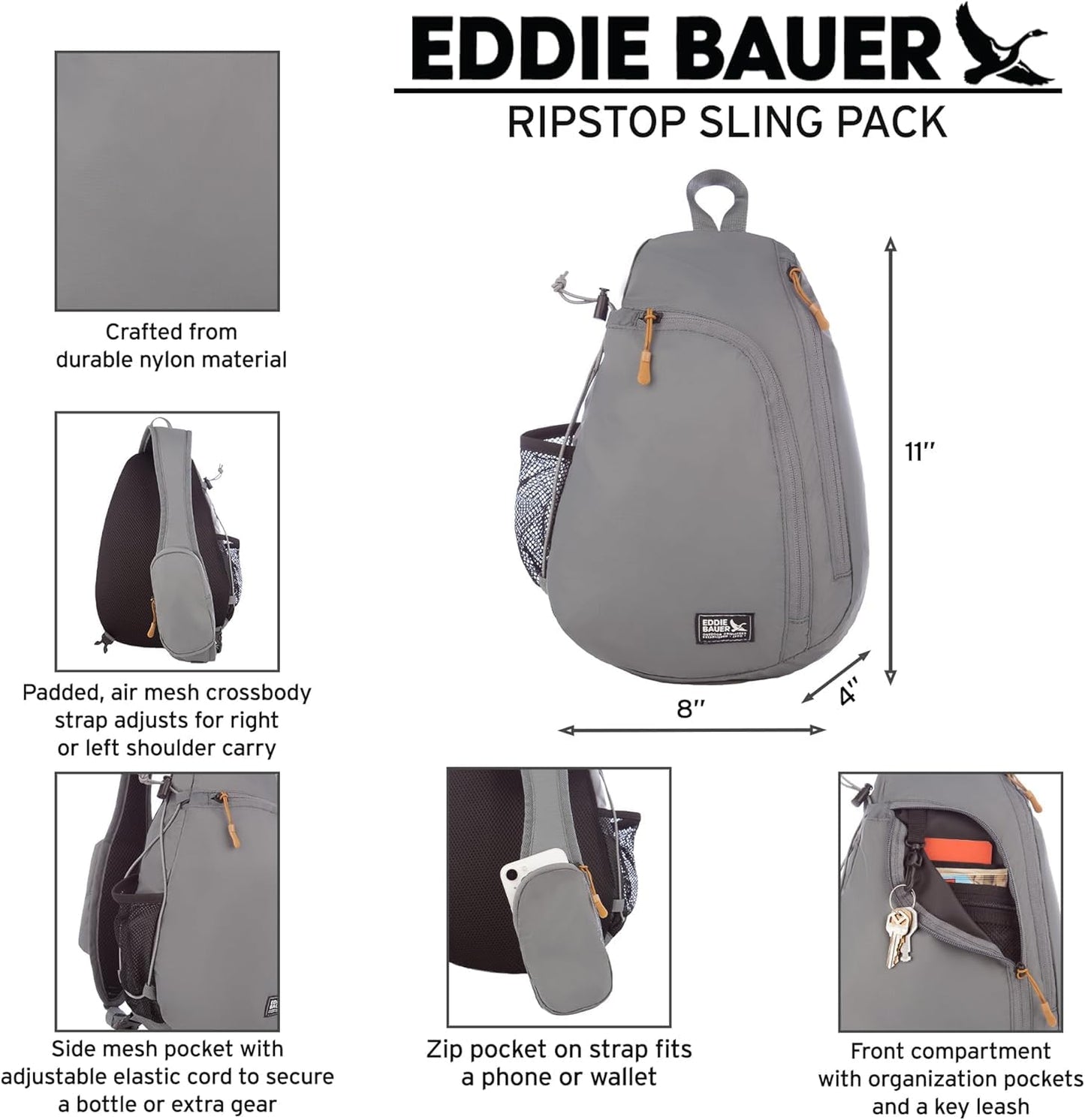 Eddie Bauer Ripstop 8L Shoulder Sling Pack with Padded Air-Mesh Adjustable Crossbody Strap for Right or Left Handed Fit - Black