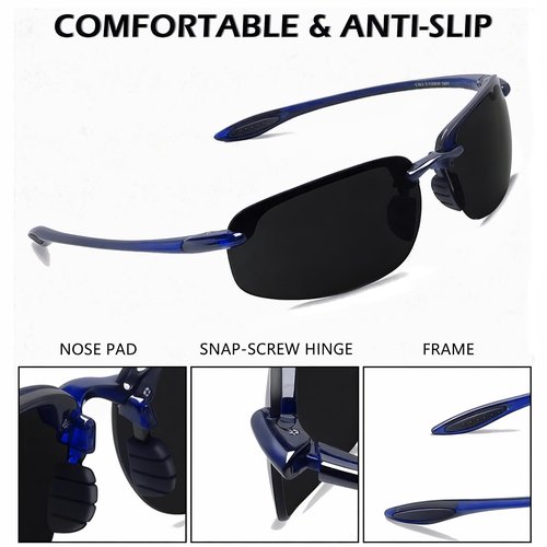 WISTON Sports Polarized Sunglasses for Men Women Tr90 Rimless Frame for Running Fishing Baseball Driving W8001 Blue Frame/Dark Black Lens
