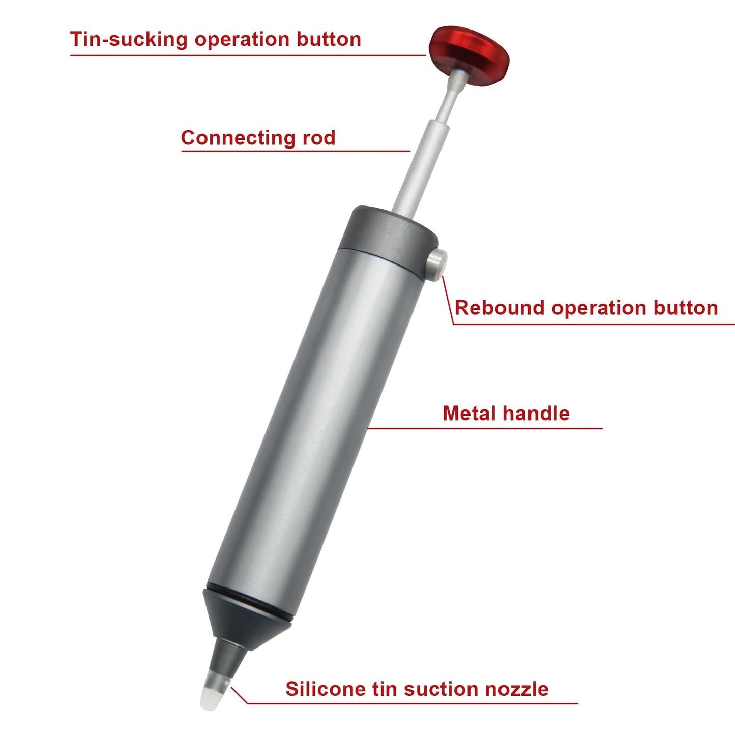 SILADKN Desoldering Tool for Engineer, 30hg-cm Strong Suction Metal Soldering Iron Solder Sucker, Manual Vacuum Suction Soldering with 50mm Silicone Nozzle for Integrated Circuit Board Repair 1PCS