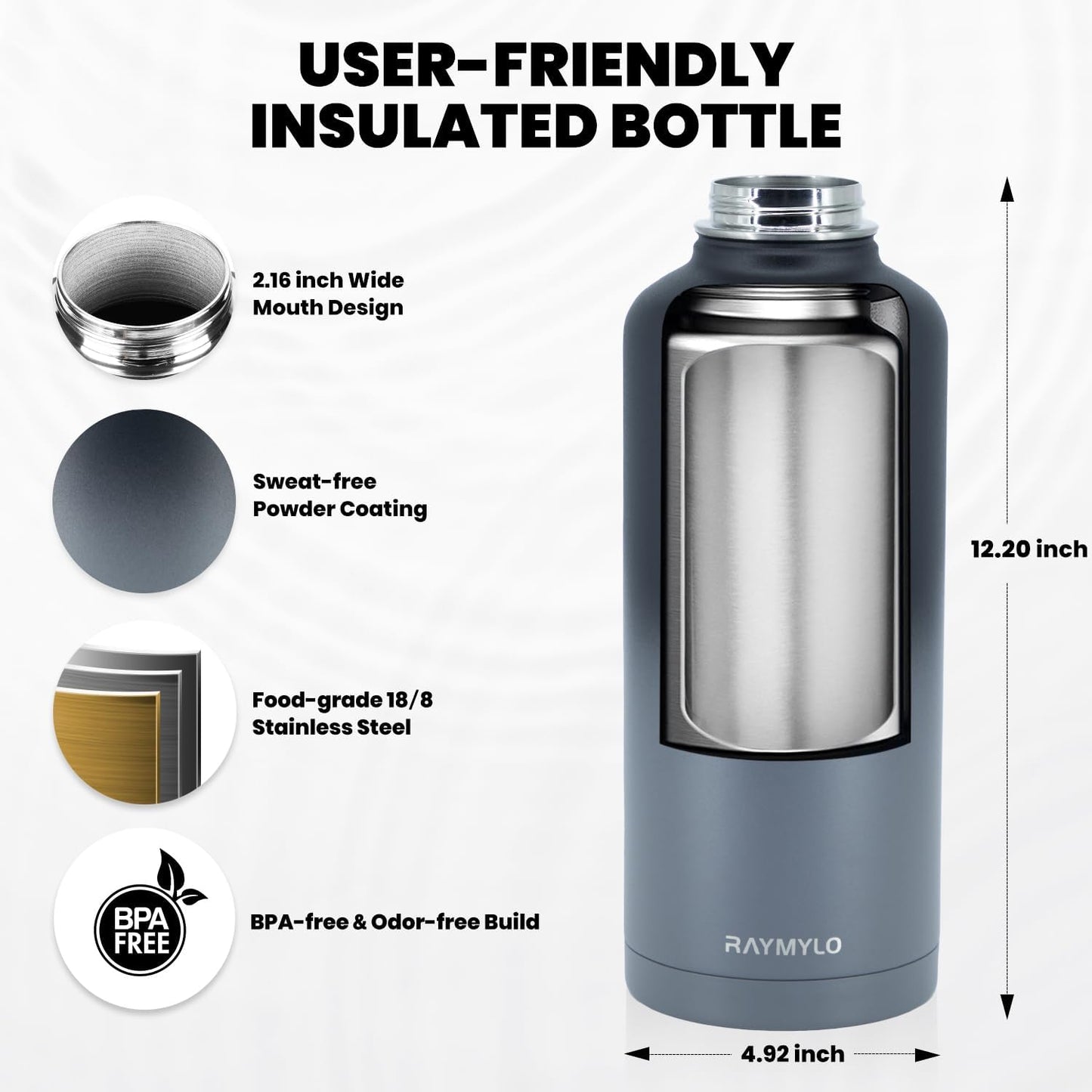 RAYMYLO Insulated Water Bottle - 87 oz Triple Wall Vacuum Stainless Steel | Keeps Drinks Cold for 48 Hrs, Leak Proof, Dark Grey