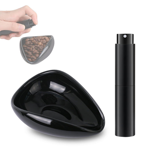 Coffee Bean Dosing Cup and Spray Bottle Kit - Ceramic Single Dosing Tray,Static Reducing Spray (Black)