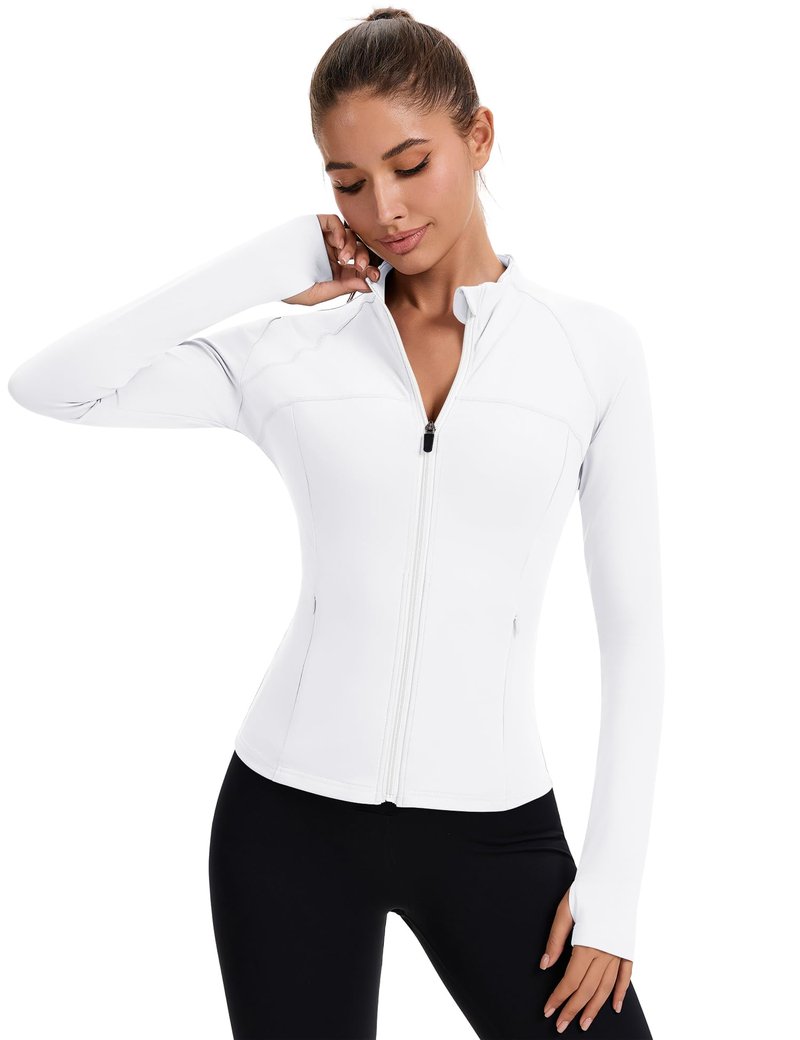 Rapbin Crop Workout Jackets White Woman Running Jacket Zip Slim Fit Athletic Tops with Thumb Holes (White S)