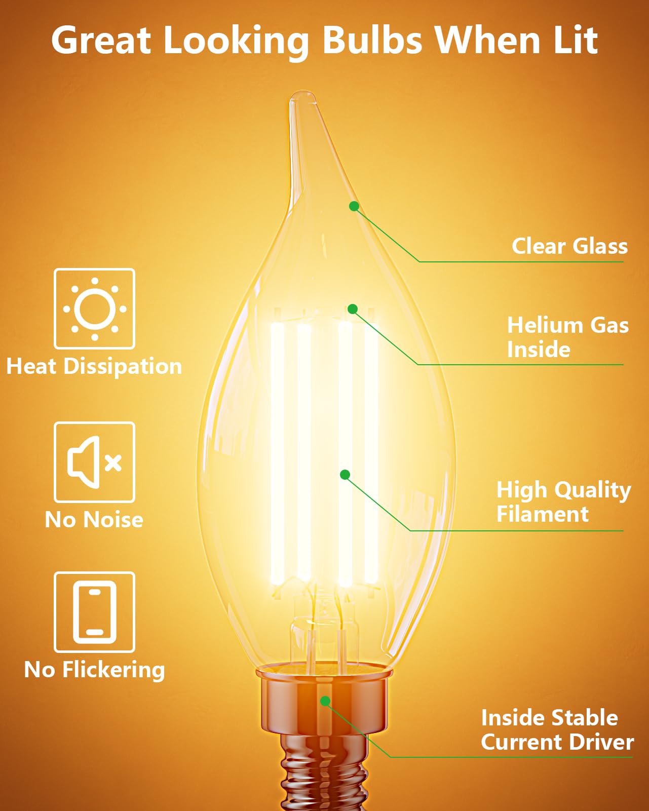 CYLYT E12 Chandelier Bulb 60 watt Equivalent, Dimmable LED Candelabra Light Bulbs 6W, 2700K Warm White 650 Lumen Lightbulbs, CA11, UL Listed, Pack of 6