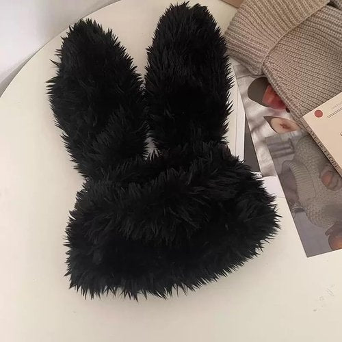 Bunny Ears Hat Fuffy Bunny Hat Cute Y2K Furry Rabbit Beanies for Indoor Outdoor Festival Party Black
