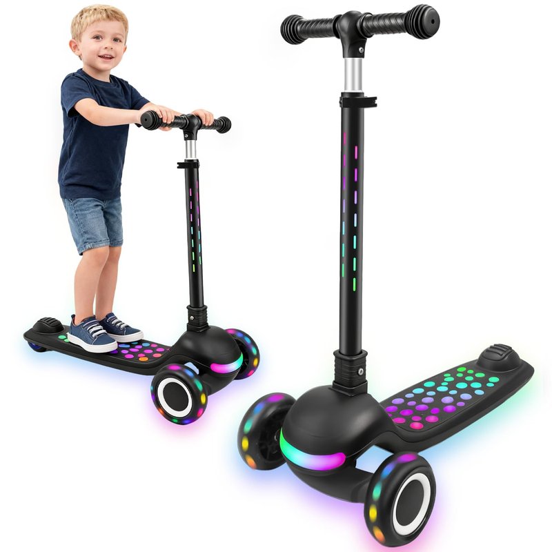 Light Up 3 Wheel Kick Scooter for Kids Toddlers with LED Sync Lights, Flashing Stem & Wide Polka Dot Deck Adjustable Height Music Function Safe Sturdy Folding Scooter for Kids (Black)