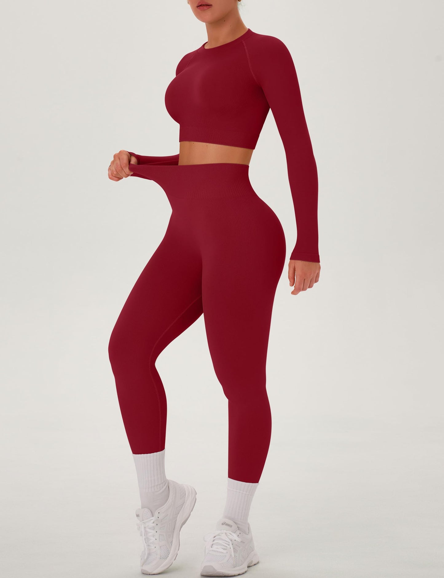 OLCHEE Womens Workout Sets 2 Piece Seamless Long Sleeve Crew Neck Crop Top Shirts Scrunch Butt Leggings Gym Yoga Outfits - Cherry Red Large