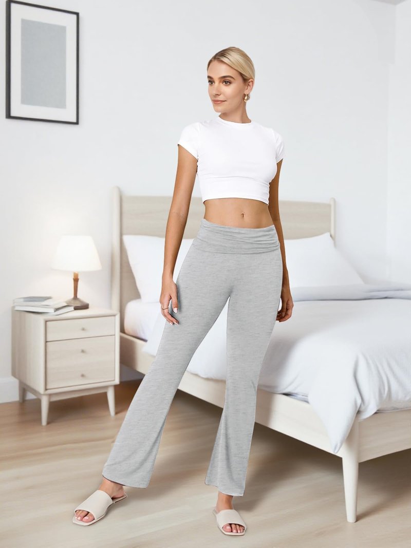 COPYLEAF Flare Leggings for Women Fold Over Yoga Pants Stretch Bell Bottom Y2K Lounge Casual Sweatpants(Light Grey XS)