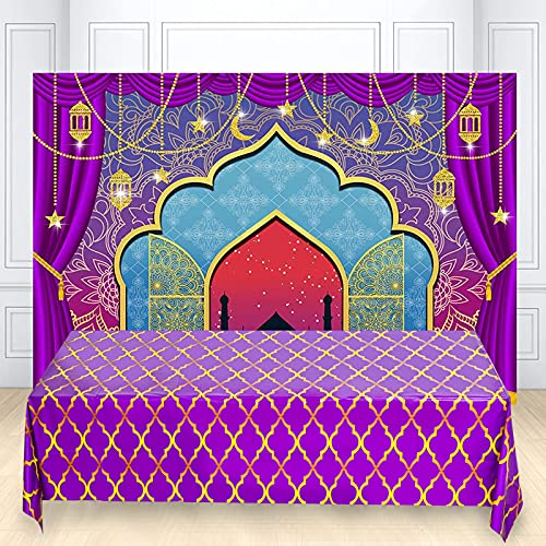 2 Pack Purple Gold Lattice Arabian Tablecloths - 87x51 Inches