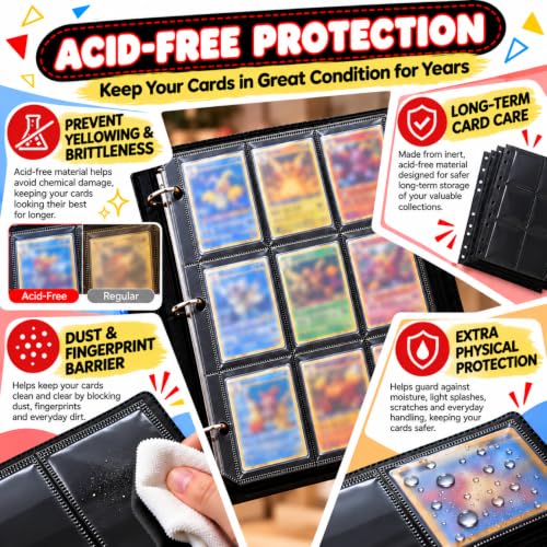 9-Pockets Card Binder 900 Cards with 50 Removable Sleeves, 3-Ring Zipper, LZSIG 4 Elements Black