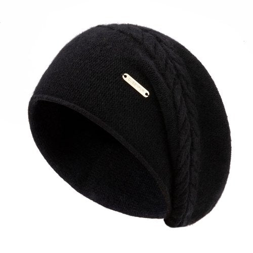 QUEENFUR Knit Slouchy Beanie Hats for Women Cashmere Ski Cap Knitted Wool Soft Warm Winter Hat (B02A-Black)