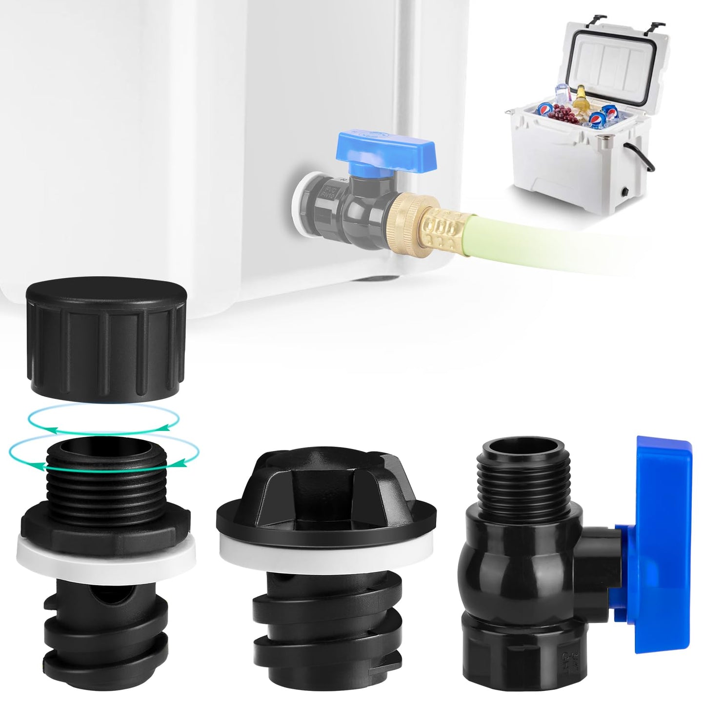 WADEO Cooler Drain Plug Hose Connection, Replacement Drain Plug with PVC Garden Hose Shut Off Valve for YETI Cooler, YETI Tundra Cooler, Roadie Cooler, Tank Cooler and RTIC 20QT, 45QT, 65QT Cooler